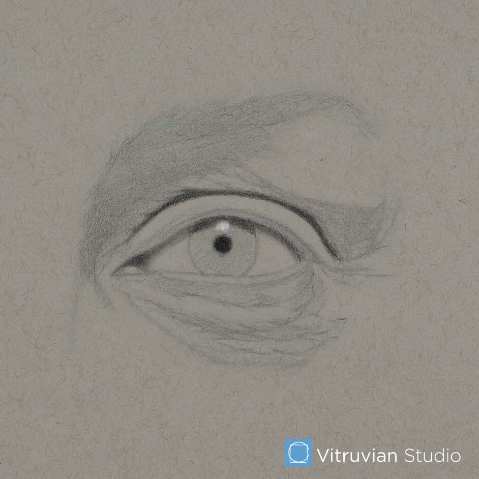The value stage of drawing the eye begins. The darkest "anchor" values are indicated.