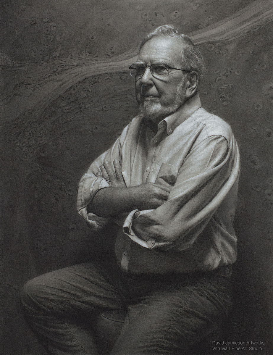 Pathologist-with-watermark-for-web A graphite portrait drawing of a seated man with crossed arms in a white shirt.